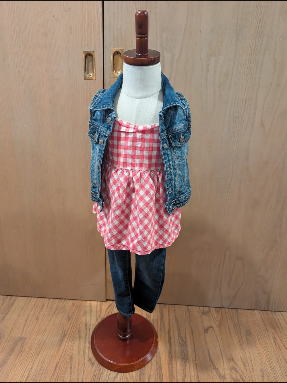 Old Navy 3T Girls Pink Gingham Tank Top with Denim Vest And Jeggings Outfit